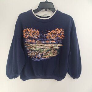 Basic Editions Women's Pullover Sweatshirt Navy 90s vintage landsacpe Vintage
